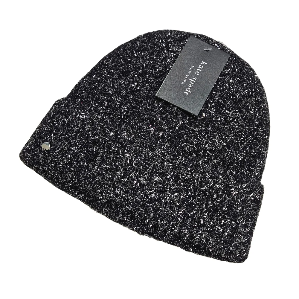 Kate Spade Beanie Hat Black Tinsel Knit Holiday Party Winter Outdoor Preppy Glam